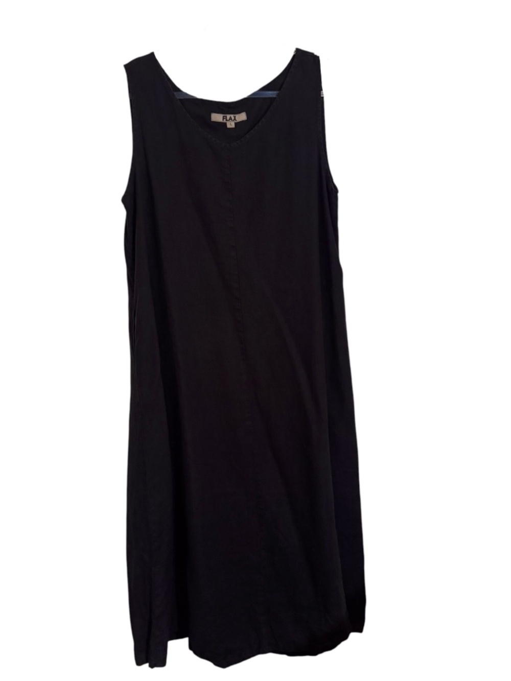 Flax Size Large Black Linen Midi Dress Tank Lagenlook Sleeveless Pockets V-Neck